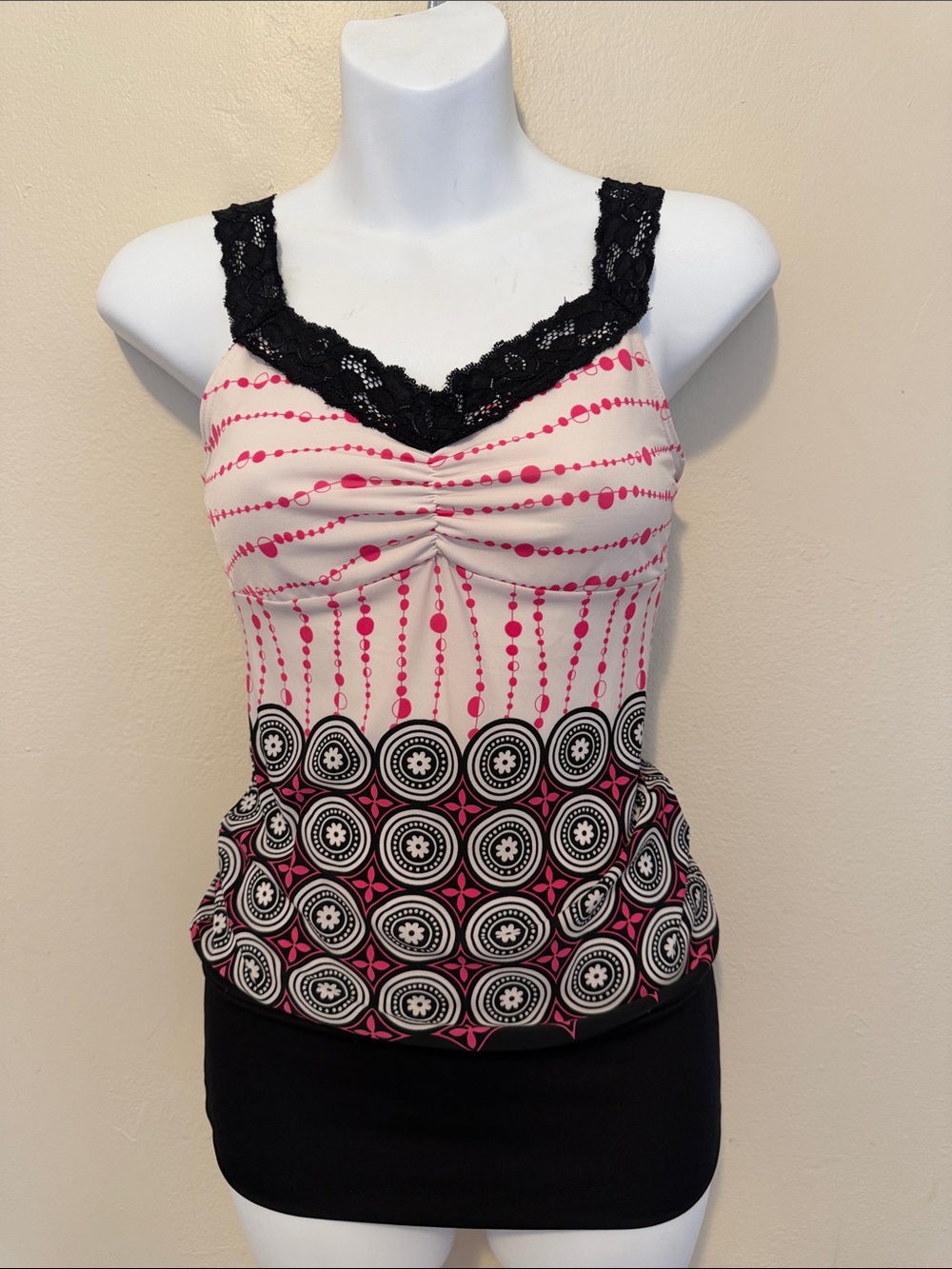 Pink & Black Lace-Trim Printed Camisole Tank